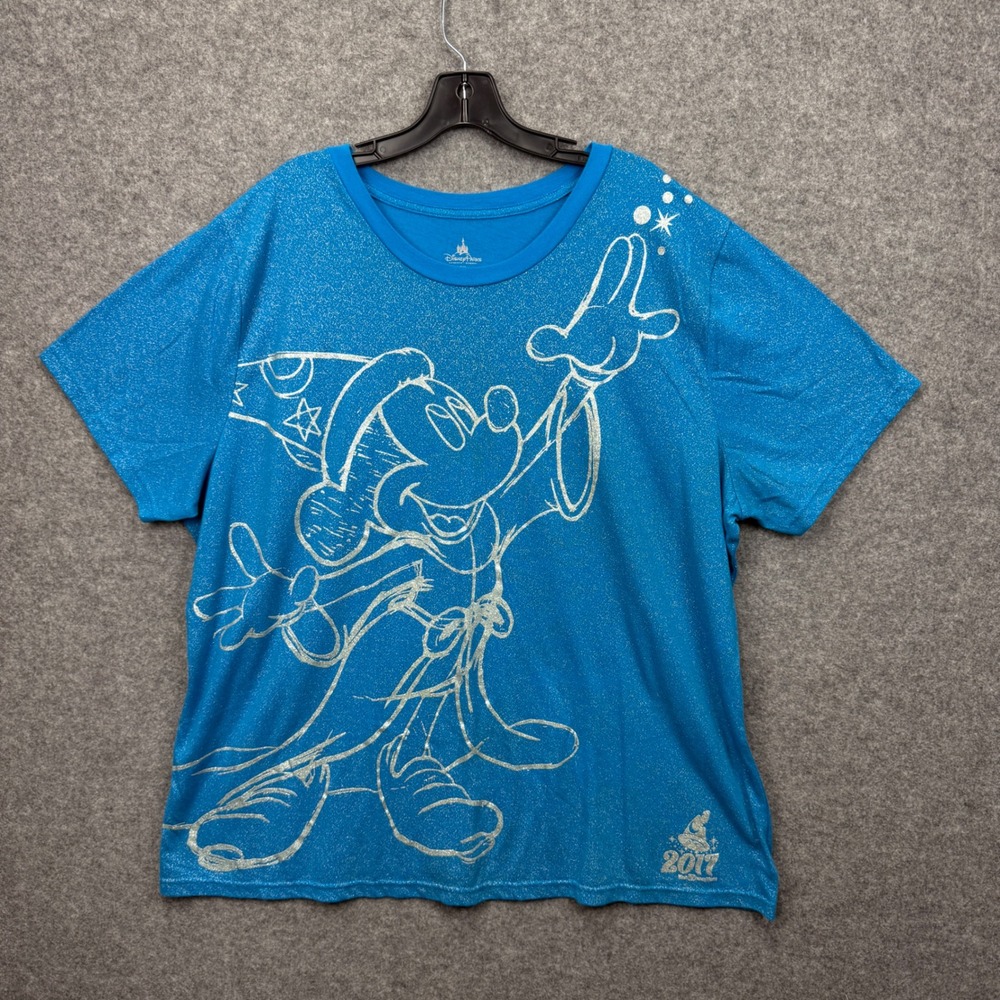 Disney Parks Sorcerer Mickey Mouse 2017 Blue Glitter Graphic T-Shirt 3X Womens